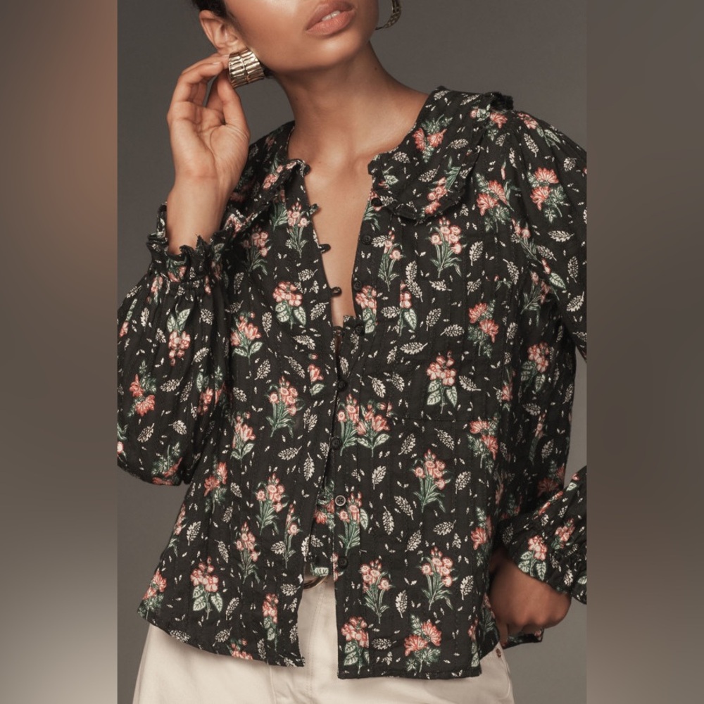 PILCRO Anthropologie‎ The Kiera Collared Floral Button Down Blouse Size XSP